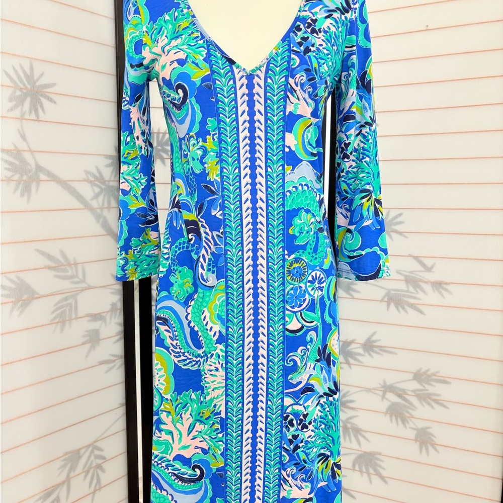 Lilly Pulitzer Blue Green Floral Long Sleeve Maxi Dress